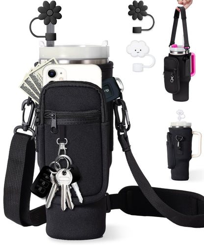 Water or Coffee Bottle Carrier Bag With Pockets (phone, airpods, keys)